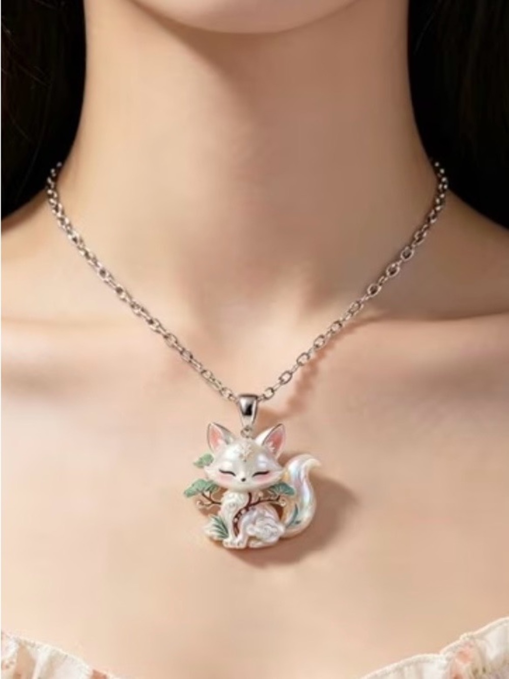 Silver Fox Enamel Pendant Hand-Painted  Mythological fox  20” chain